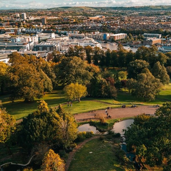 View of Bristol Harbourside and Brandon Hill from the top of Cabot Tower.