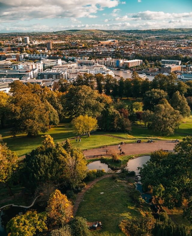 View of Bristol Harbourside and Brandon Hill from the top of Cabot Tower.