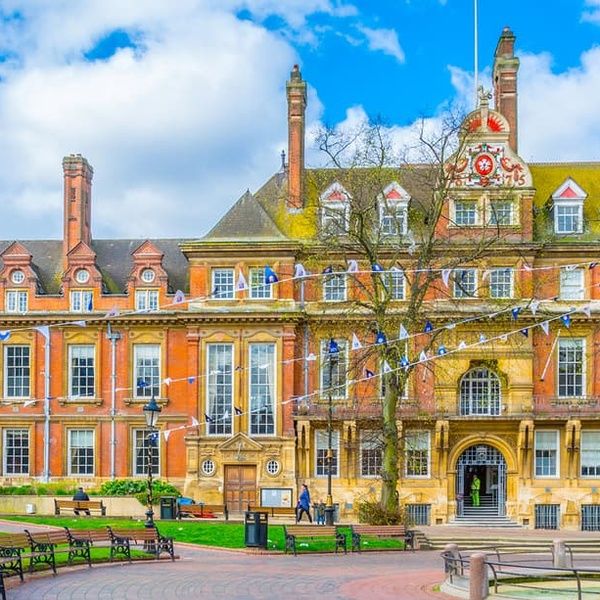 Leicester town hall with flags