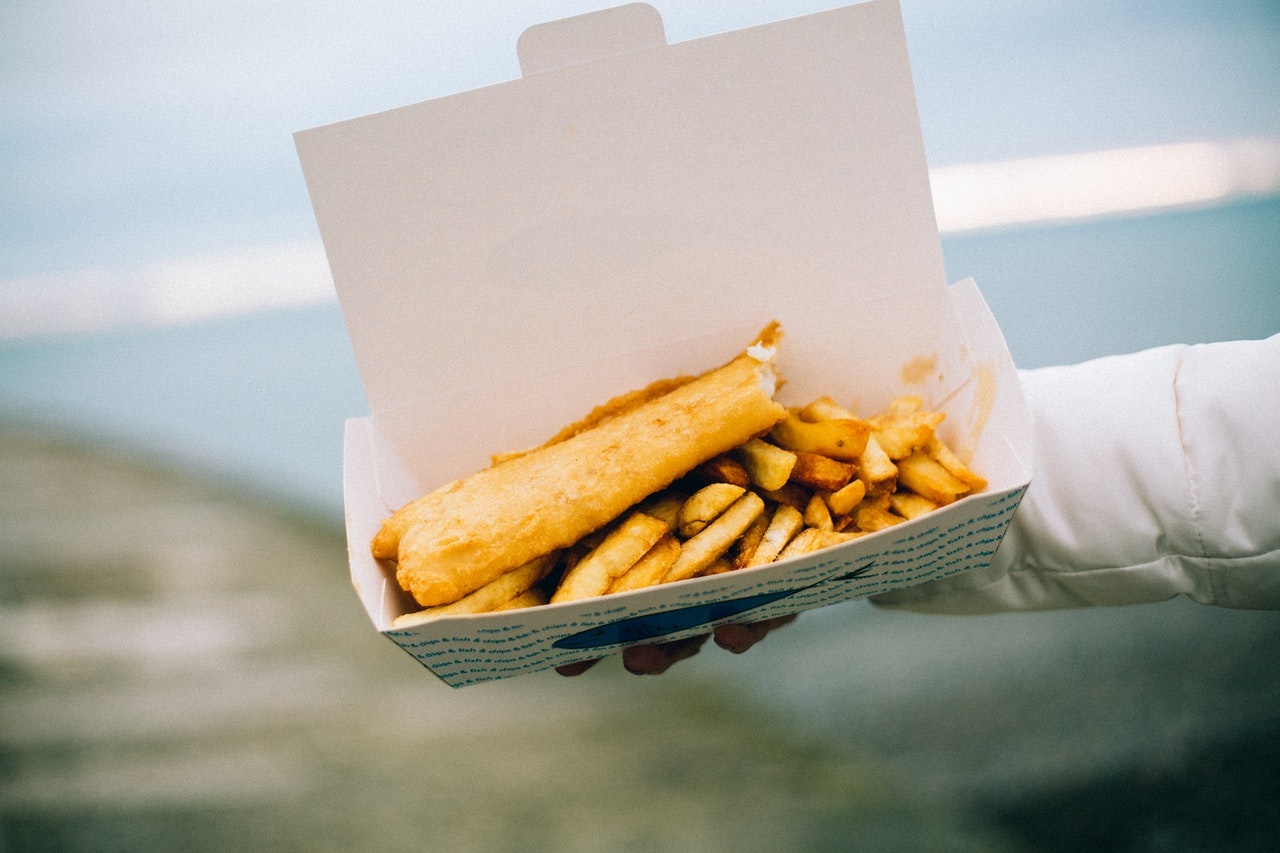 fish and chips in cardboard box