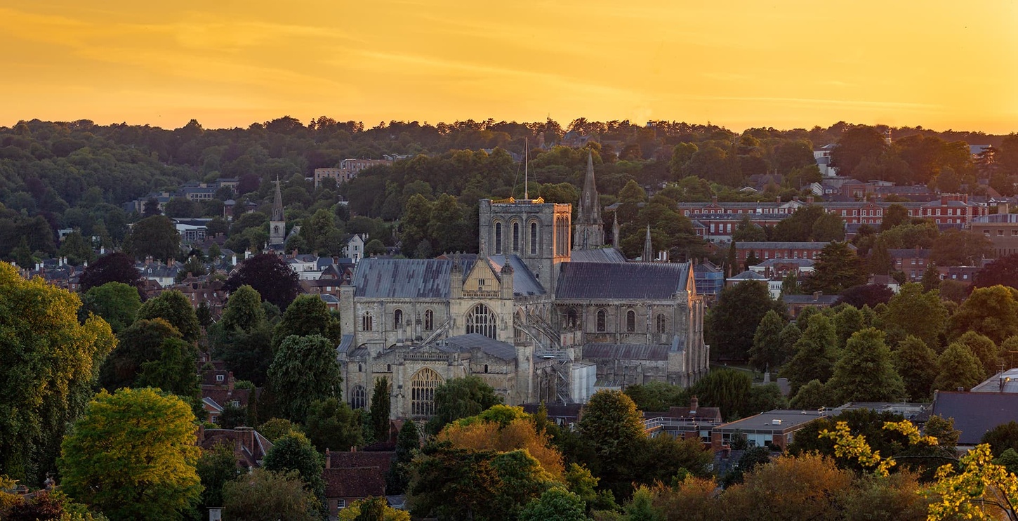 Winchester cathedral at sunset
