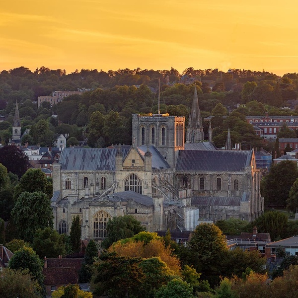 Winchester cathedral at sunset