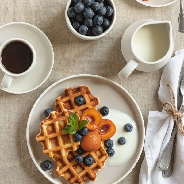 blueberry waffles and coffee