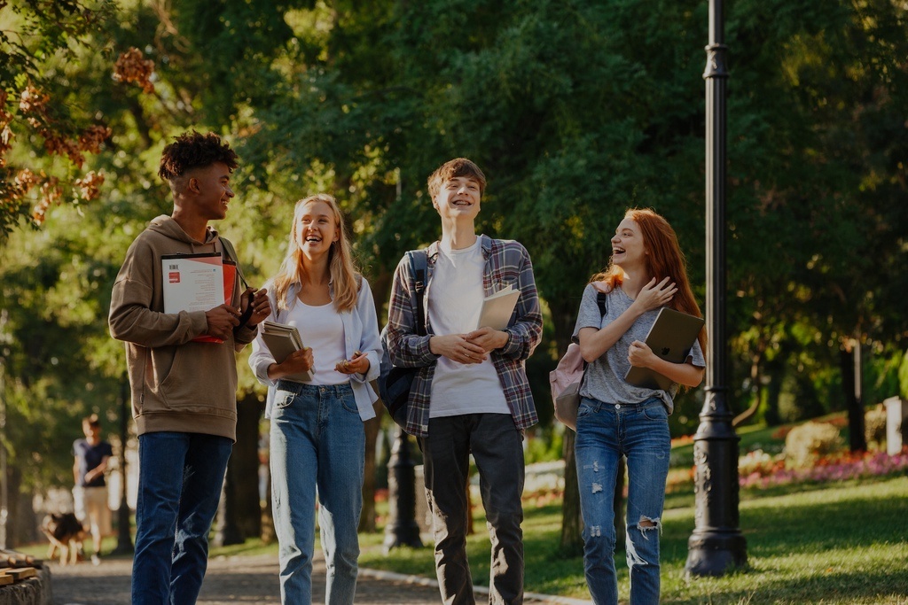 students walking across campus