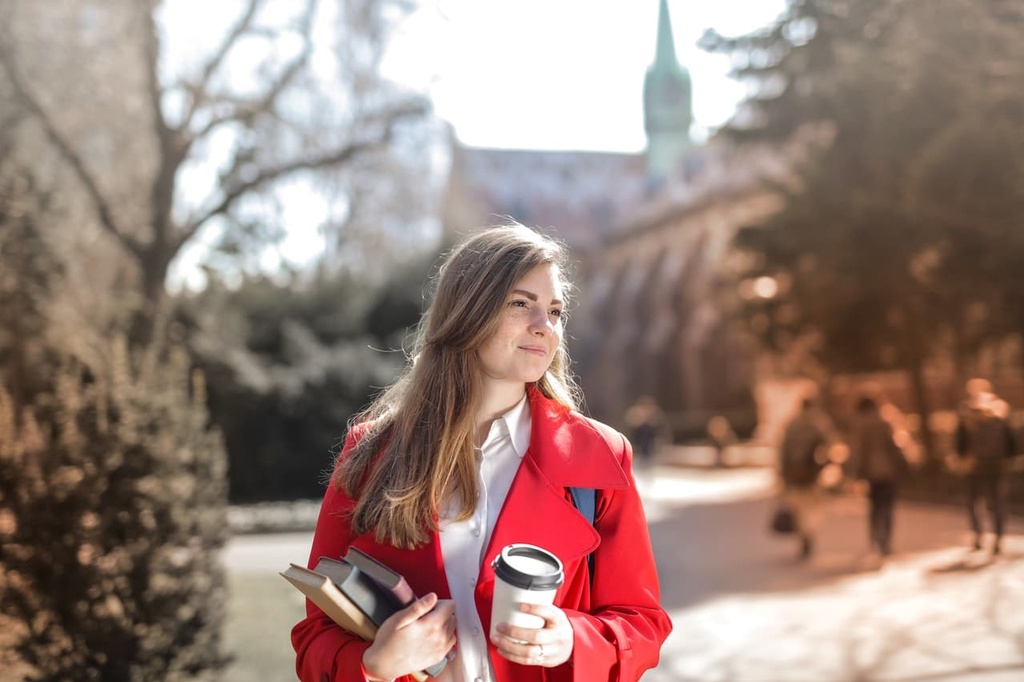 student walking through campus