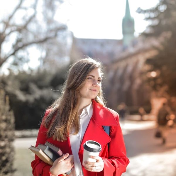student walking through campus