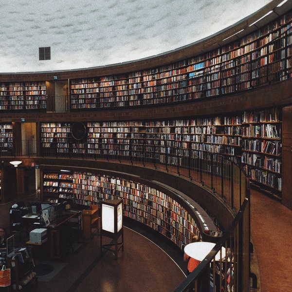 Books on shelves in a library