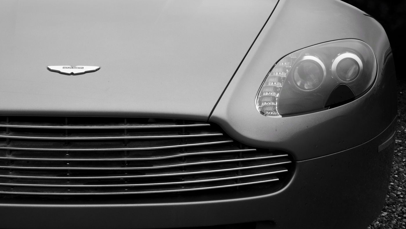 aston martin car in black and white